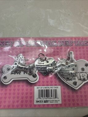 Set of 2 Silver Metal Pet Tags with Pink Cardback